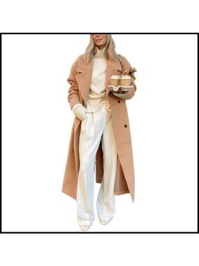 Womens Long Wool Blend Overcoat Notch Lapel Double Breasted Winter Coat